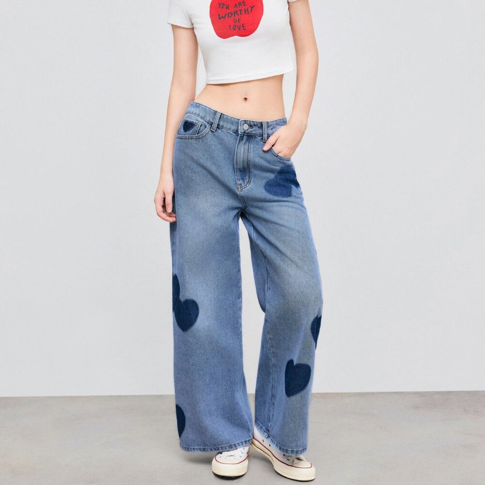 Mid Rise Heart Print Baggy Patterned Jeans Trousers - Picture 7 of 8